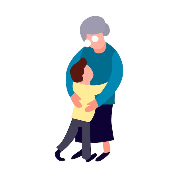 Abuela y nieto se abrazan. dibujos animados de ancianas planas y forma de niño pequeño. concepto de familia feliz. estilo de vida de la persona mayor.