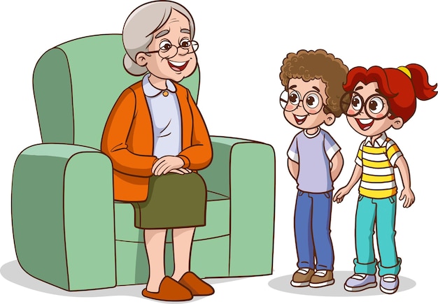 Vector abuela y nietos sentados en un sillón ilustración vectorial de abuela y nieto