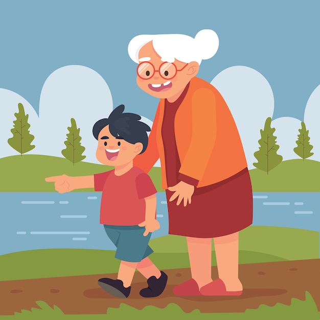 Vector abuela y niño caminan juntos en el parque