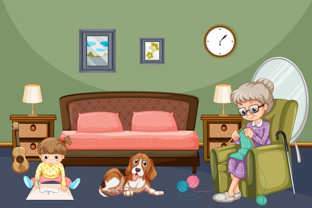 Abuela con niño y perro en habitación.