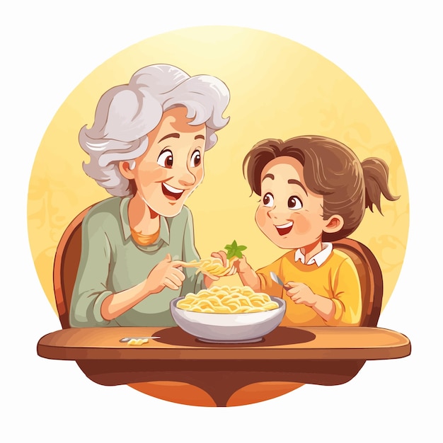 Vector abuela presentando un plato de pasta a su nieta vector de dibujos animados