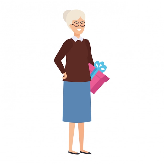 Vector abuela con ropa y regalos de diciembre.