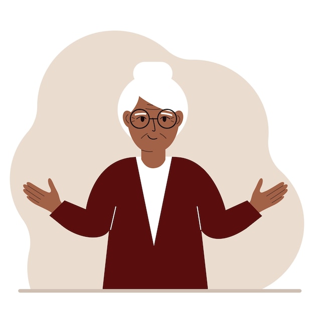 Abuela con una sonrisa y los brazos extendidos en diferentes direcciones. Vector