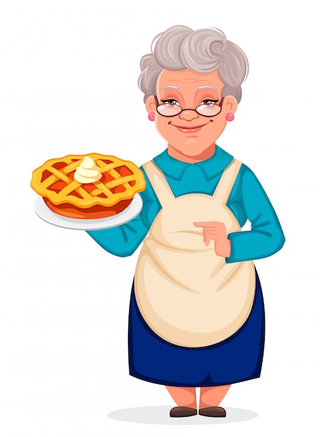 Abuela sosteniendo un delicioso pastel de calabaza