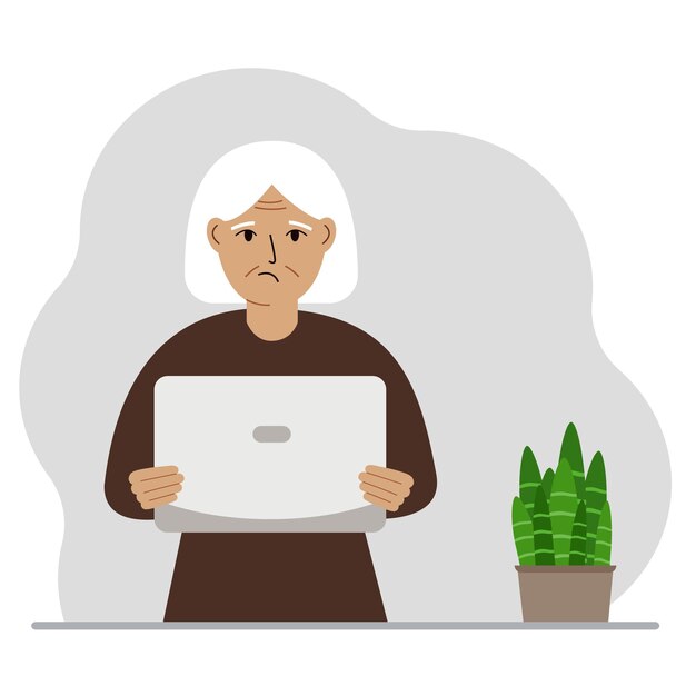 Una abuela sostiene o usa una computadora portátil PC Concepto de tecnología de computadora portátil