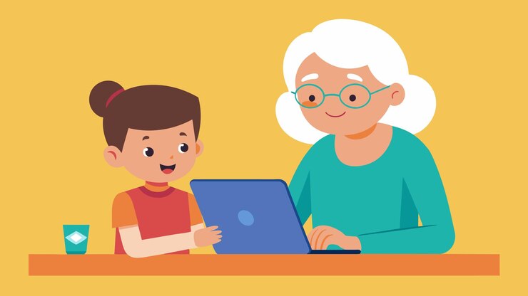 Vector una abuela y su nieto trabajan juntos en una tableta usando una aplicación creada por la abuela
