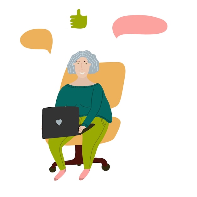 La abuela trabaja con la computadora portátil en el concepto de ilustración de vector de sillón