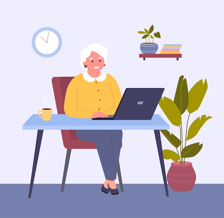 Vector abuela usando computadora vector ilustración de estilo plano