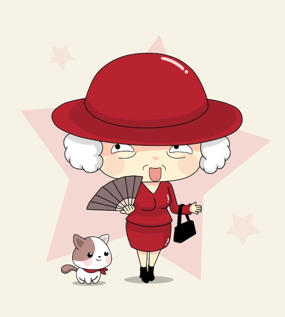 Abuela con un vestido moderno con un gato en la ilustración de arte de dibujos animados