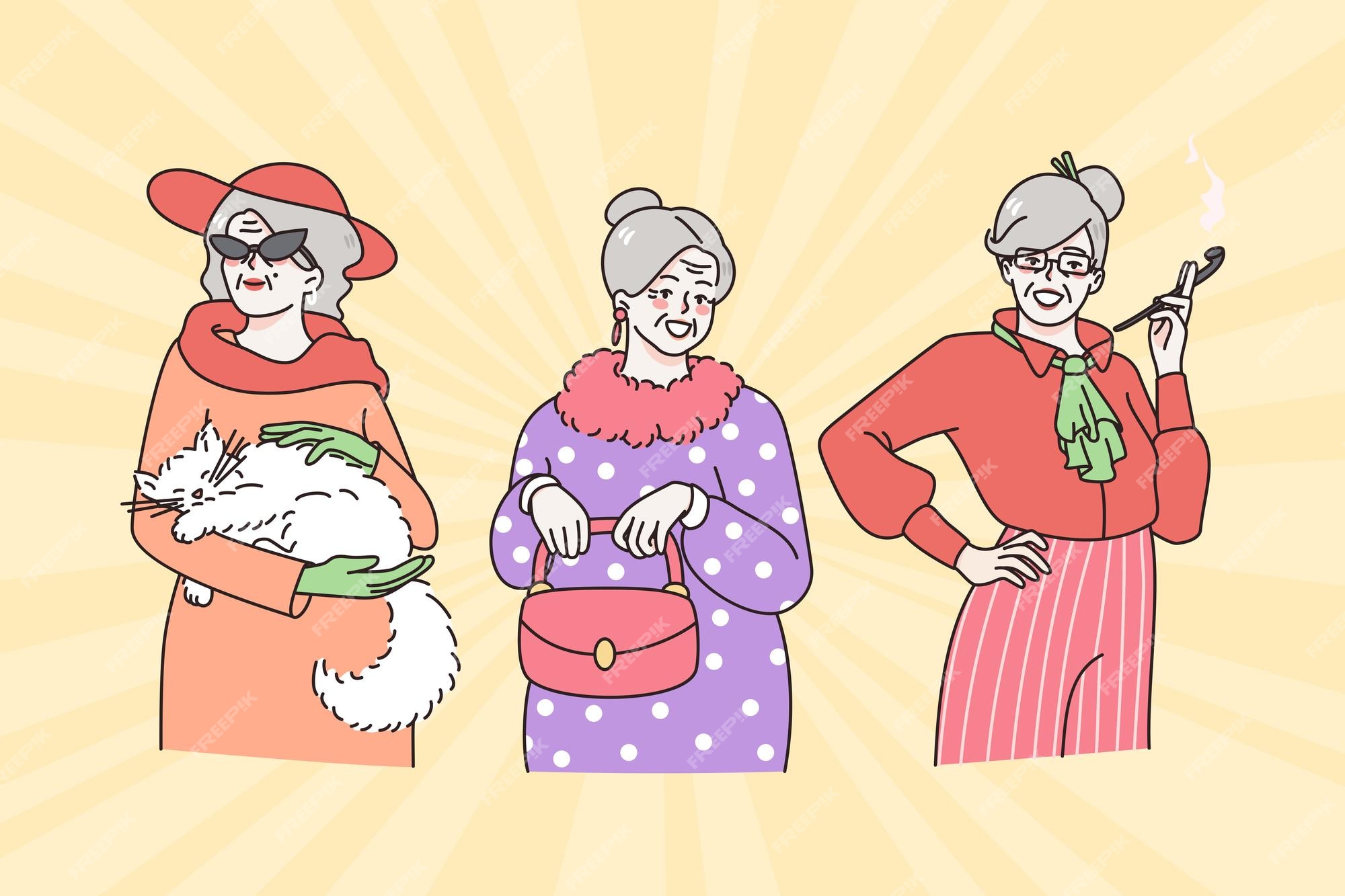 Abuelas con estilo y concepto de ancianas grupo de mujeres maduras de cabello gris elegante de pie y sintiéndose modernas y ilustraciones vectoriales | Vector Premium