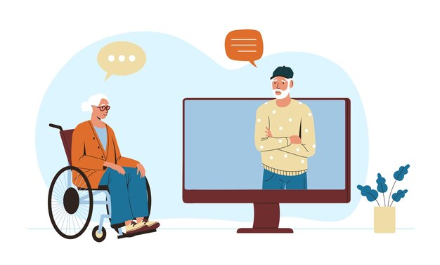 Abuelo y abuela con gadget Hombre y mujer mayores comunicándose en línea Personaje masculino hablando desde la computadora