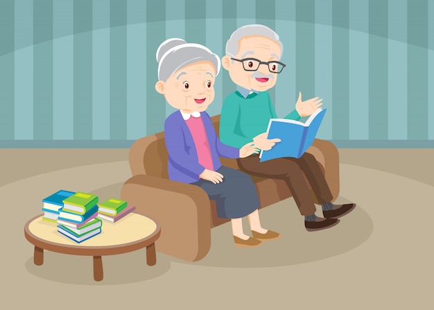 Vector abuelo con abuela leyendo libro juntos en el sofá