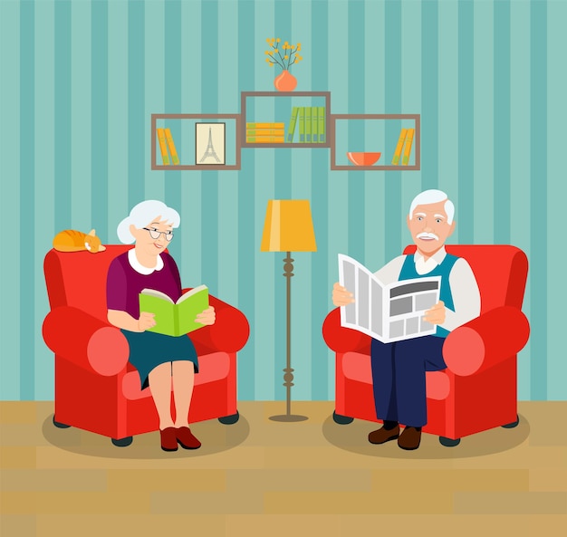 Abuelo y abuela leyendo un libro y un periódico ilustración de estilo plano de vector