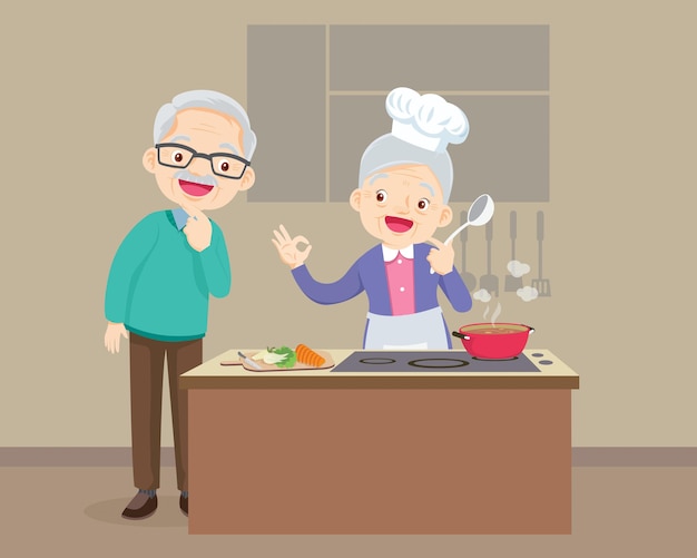 Vector abuelo, abuelo, mirar, abuela, cocina, anciano, cocina