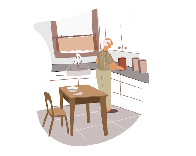 Un abuelo canoso en pijama se para en la cocina y prepara un desayuno saludable.
