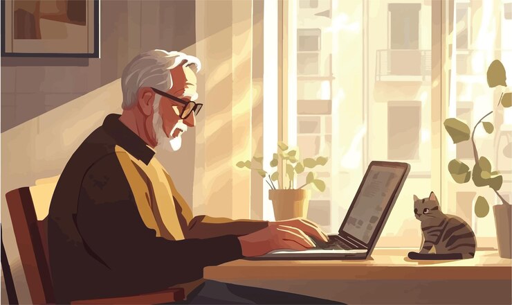 Vector el abuelo escribiendo en una habitación iluminada por el sol