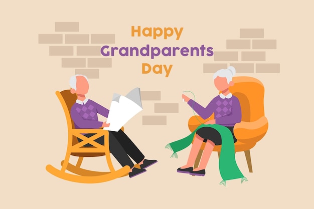 El abuelo está leyendo un libro en la mecedora y la abuela está cosiendo bufanda verde Feliz día de los abuelos Ilustración de vector plano de color aislado