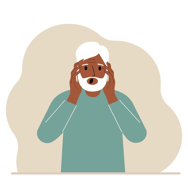 El abuelo infeliz grita, agarrándose la cabeza con las manos. Concepto de lenguaje corporal y emociones. Concepto de estrés, tensión y migraña.