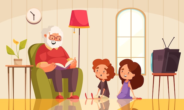 Abuelo leyendo una ilustración de libro con nietos escuchando plana