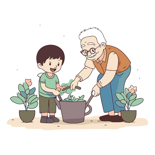 El abuelo y el nieto están plantando flores al estilo de las caricaturas.