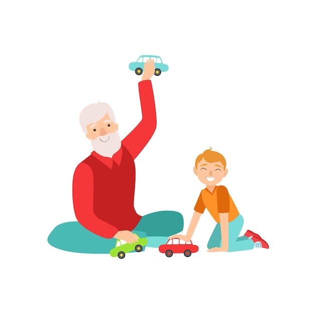 Abuelo y nieto jugando a los coches de juguete Parte de Abuelo Nieto Pasando el tiempo juntos Establecer ilustraciones