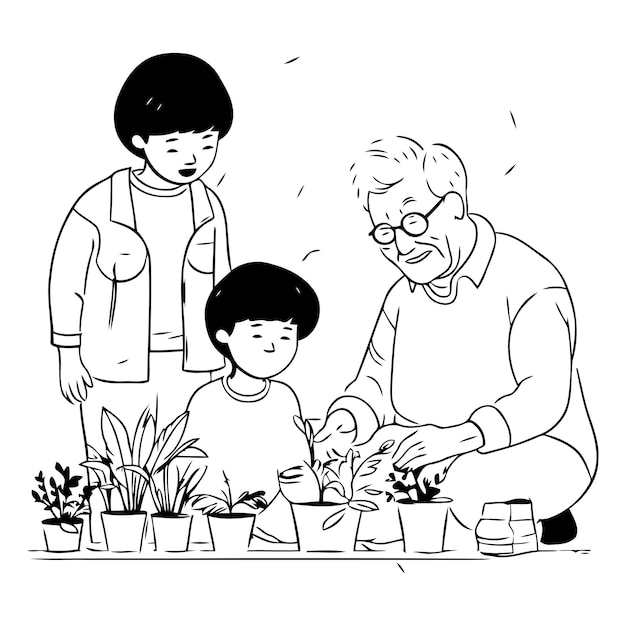 Vector el abuelo y el nieto plantando plantas de interior en macetas