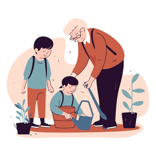 Vector abuelo y nieto regando plantas ilustración vectorial plana abuelo e nieto jardineando juntos