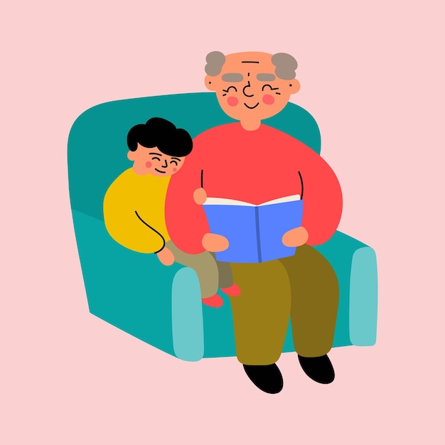 Abuelo con nieto sentado en un sillón y leyendo un libro juntos Ilustración vectorial