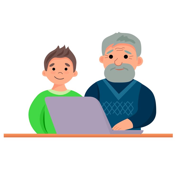Vector abuelo y nieto usan una computadora portátil. ilustración de vector de estilo de dibujos animados sobre un fondo blanco.