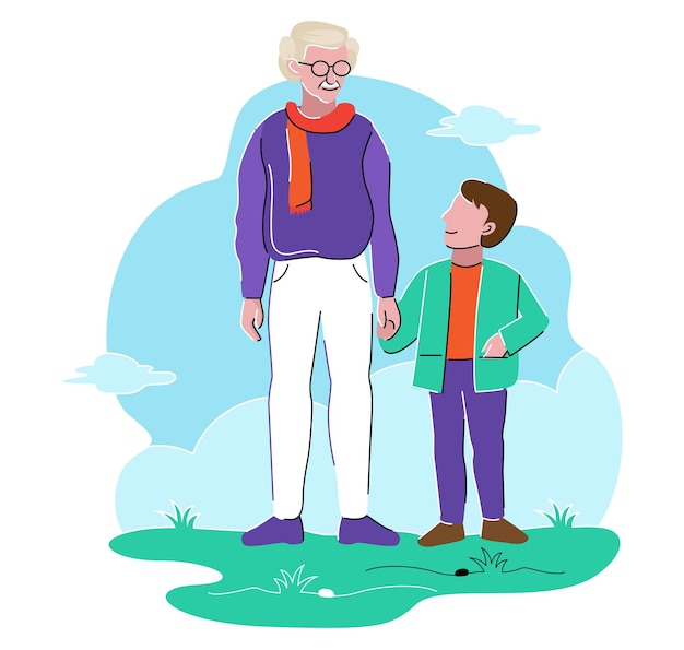 Vector abuelo y niño felices