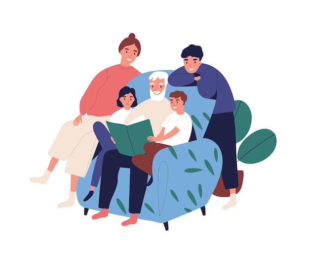 Abuelo y parientes leyendo libro sentado en sillón vector ilustración plana. Gran familia feliz pasando tiempo juntos aislados en blanco. El anciano con hijos y nietos se relaja en casa.