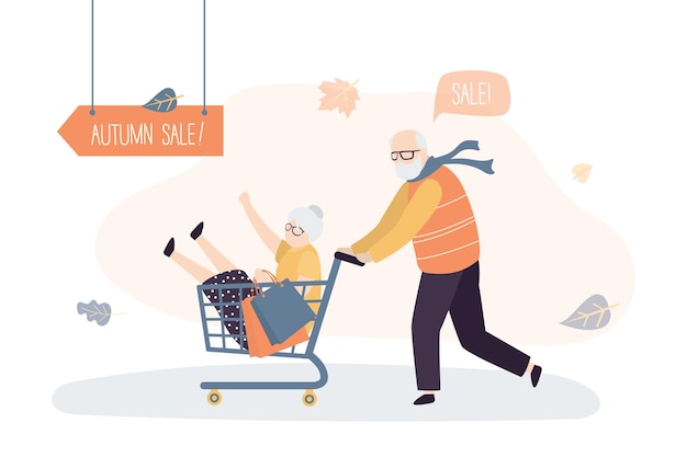 El abuelo roda el carrito de compras con la abuela feliz Una pareja de ancianos va de compras vector
