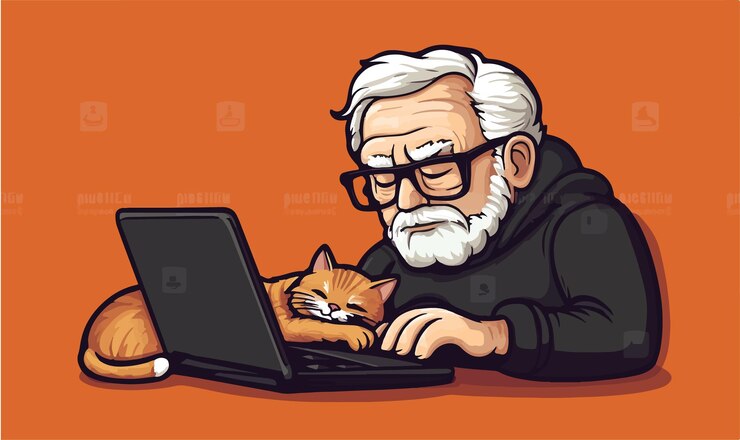 Vector un abuelo sabio escribiendo en una computadora portátil