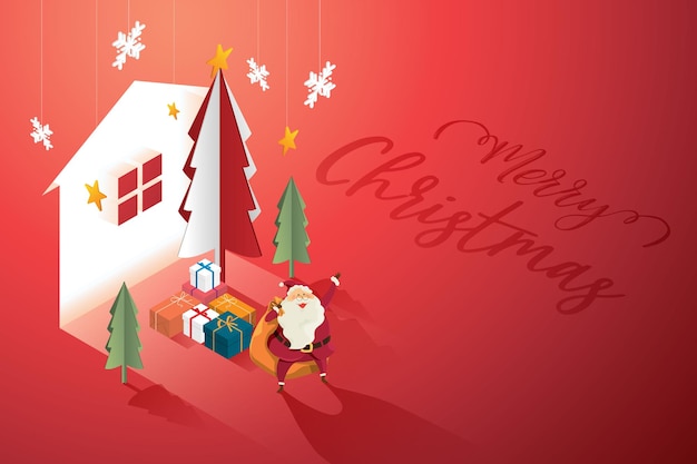 El abuelo de Santa Claus con un montón de regalos en un árbol de Navidad y una casa de fondo letrero iluminado