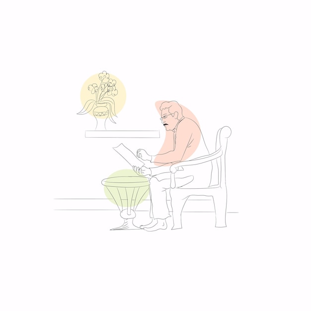 Abuelo sentado leyendo un arte de línea de periódico