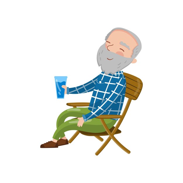 Abuelo sonriente feliz sentado en la silla y bebiendo vector de dibujos animados ilustración sobre un fondo blanco