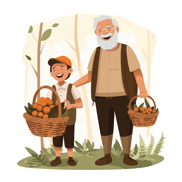 Vector el abuelo sonriente y el nieto con cestas en el bosque