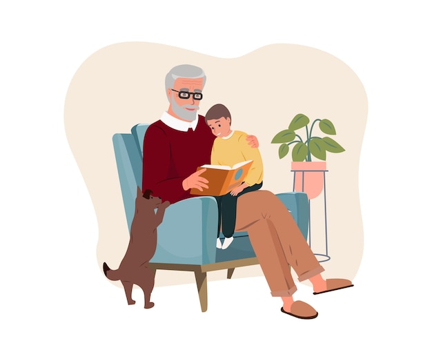 Abuelo sonriente sosteniendo a su nieto y leyendo el libro Ilustración de vector de día del abuelo