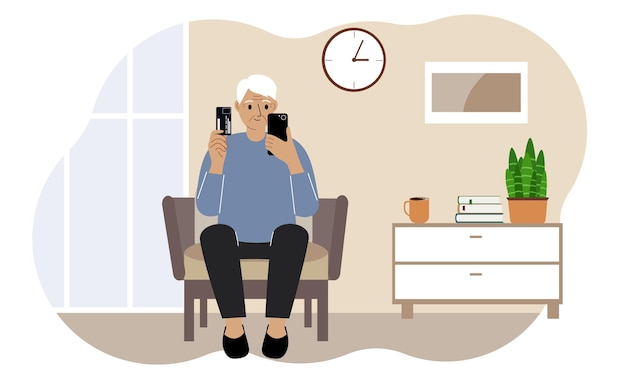 El abuelo sostiene un teléfono móvil en una mano y una tarjeta de plástico en la otra. Un anciano está aprendiendo a emitir o utilizar una tarjeta bancaria. Ilustración vectorial plana