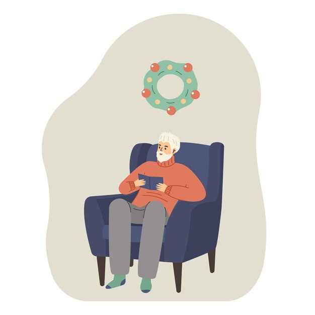 Vector el abuelo en un suéter se sienta en una silla el abuelo en una silla leyendo un libro el abuelo vector