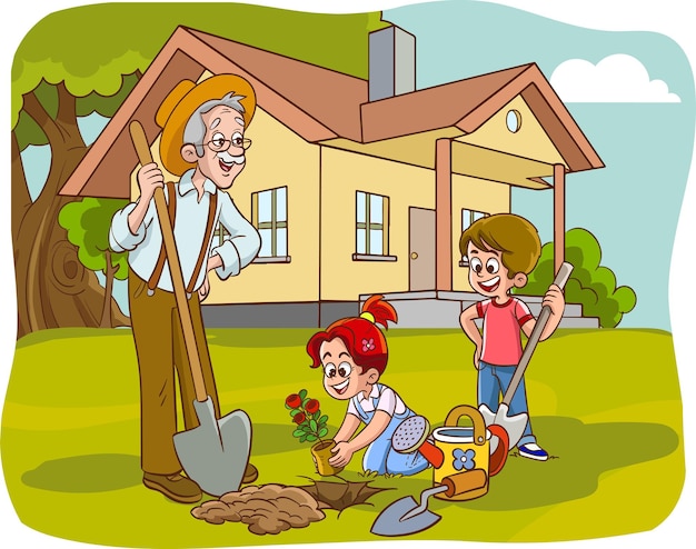 El abuelo y sus nietos están plantando árboles en el parque Ilustración de estilo Vector Flat