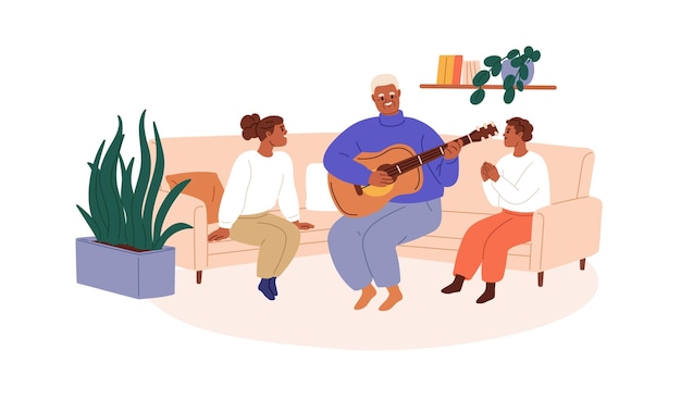 El abuelo toca música en guitarra para niños, nietos. El viejo abuelo feliz canta una canción con los niños en casa. Mayores, jóvenes generaciones. Ilustración de vector gráfico plano aislado sobre fondo blanco.