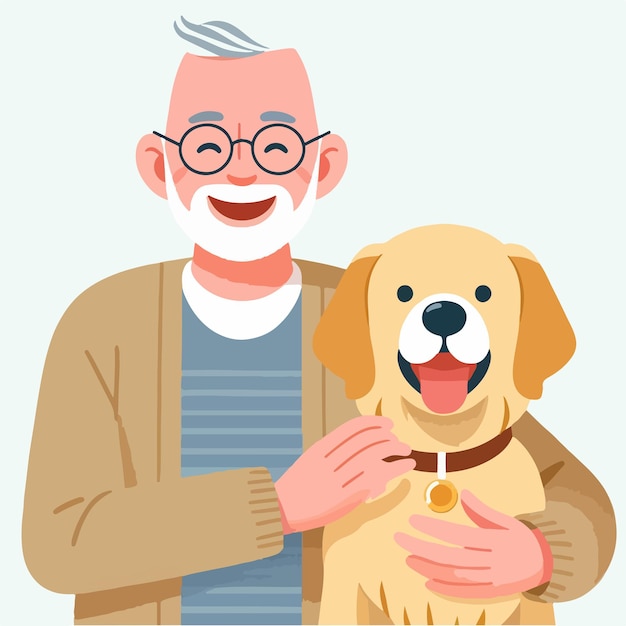 El abuelo vector está feliz con su perro.