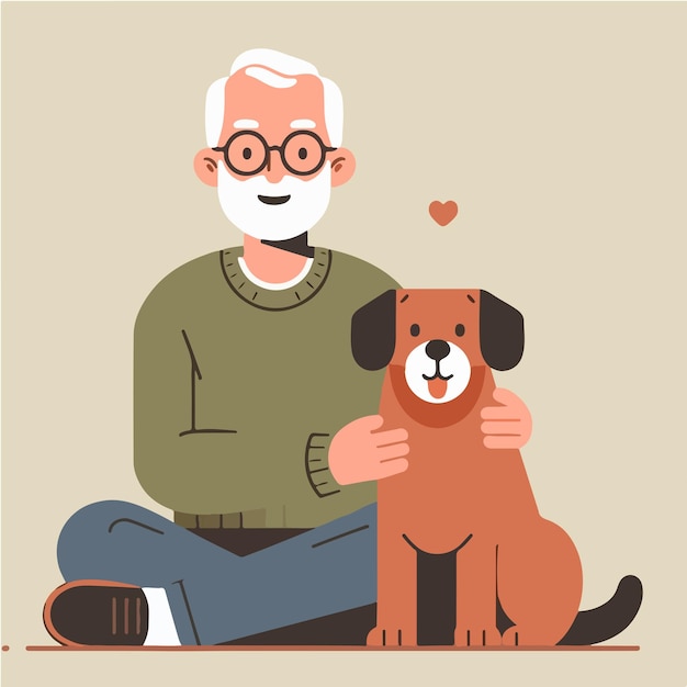 El abuelo vector está feliz con su perro.