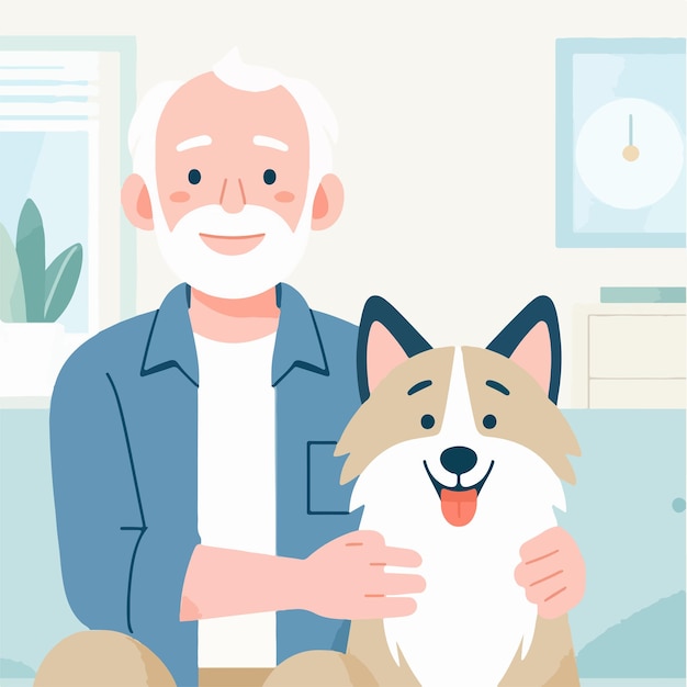 El abuelo vector está feliz con su perro.