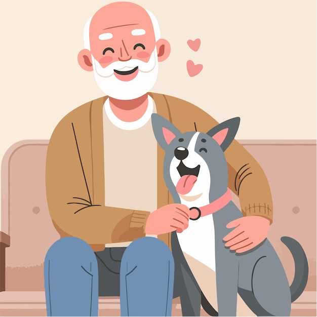 Vector el abuelo vector está feliz con su perro.