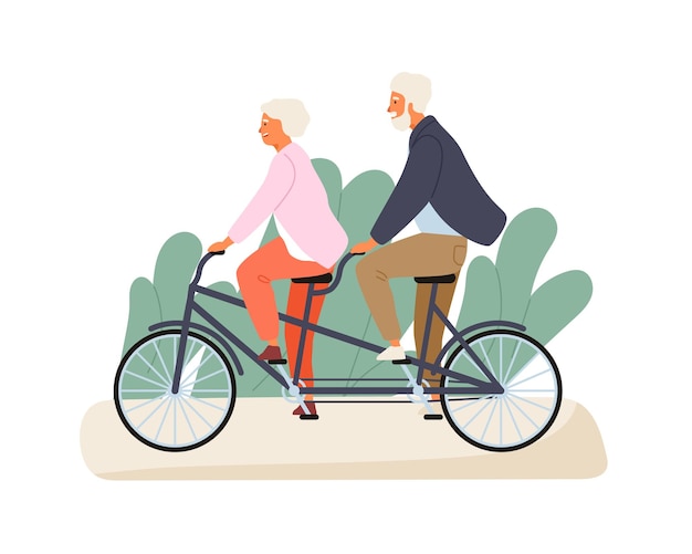 Los abuelos activos andan en bicicleta tándem en el parque de verano. La pareja de ancianos pasa tiempo juntos al aire libre. Ilustración de dibujos animados de vector plano de recreación familiar. Pensionistas alegres aislados en blanco.