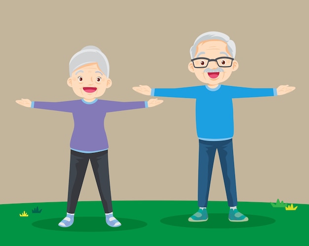 Abuelos haciendo ejercicios. Pareja de ancianos.