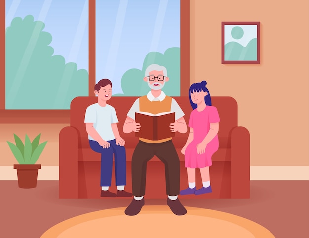 Los abuelos leen el libro de cuentos con su nieto en el sofá