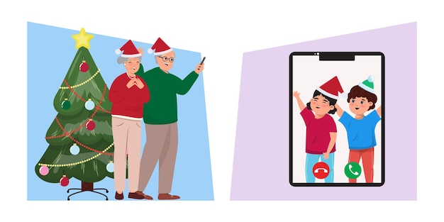 Abuelos teniendo videollamada con sus nietos y felicitándolos con feliz navidad